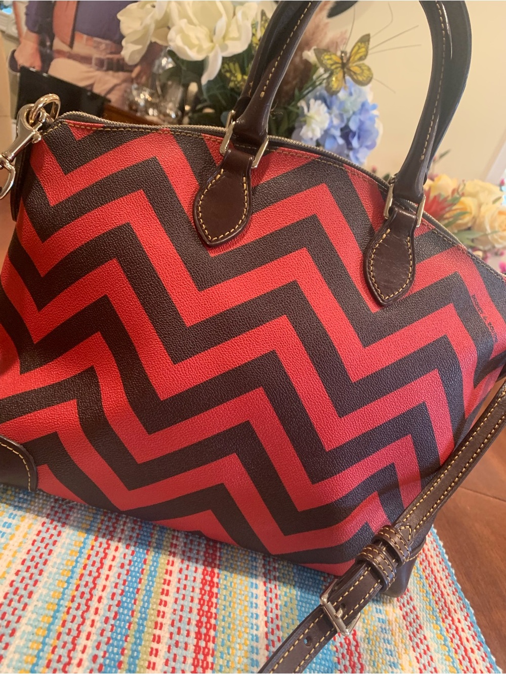 Dooney Red and Black Chevron Satchel - Picture 5 of 15